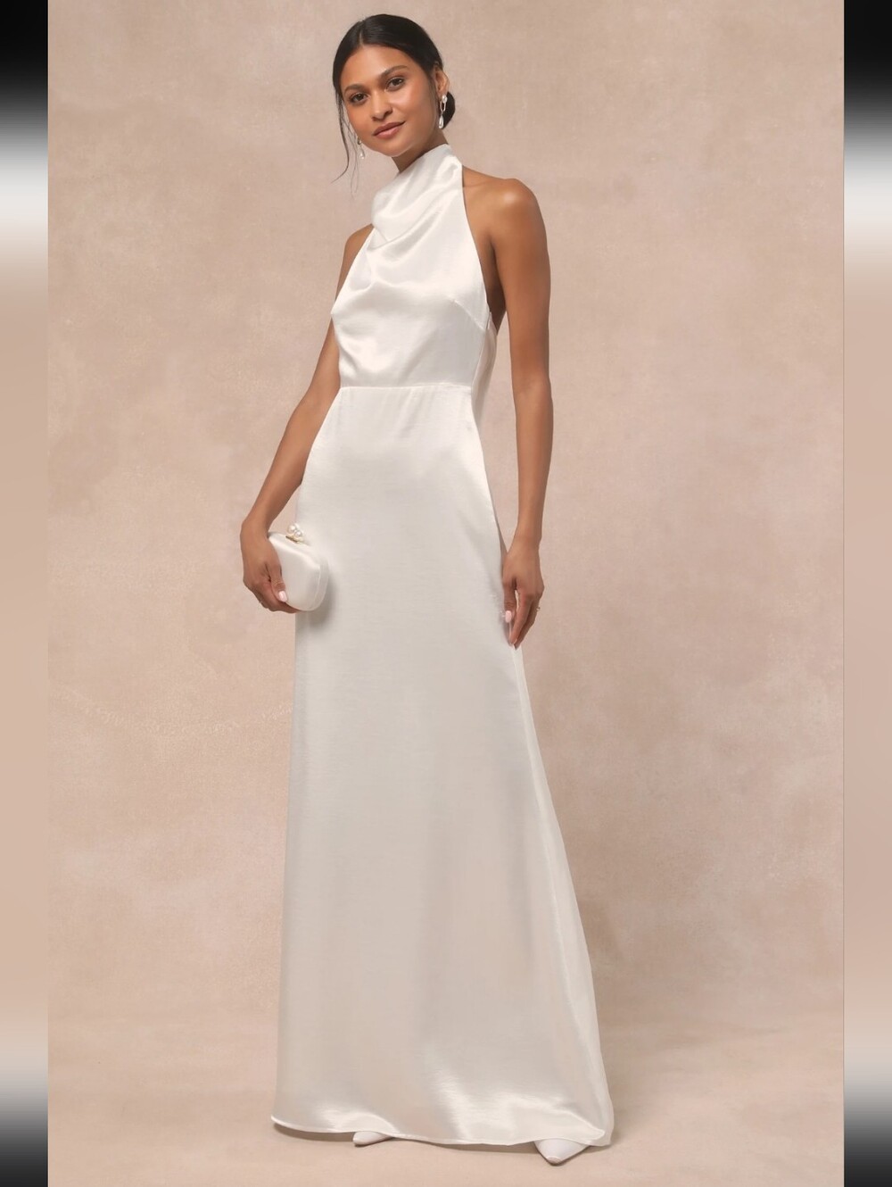 Lulus Meliana White Satin Halter Backless Maxi Dress